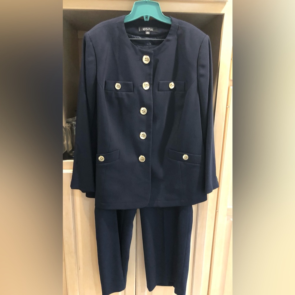 Kasper Navy Blue Two-Piece Pantsuit with Gold Buttons